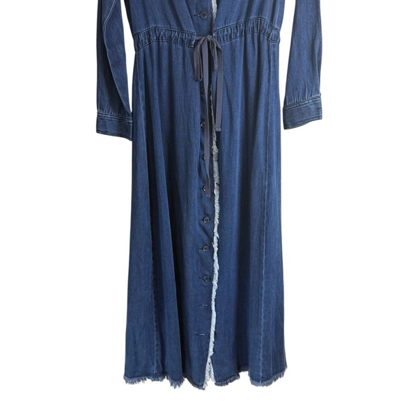 Metallic Blue Denim Maxi Dress Fringe Edging Full Front Button Down Tie Waist - Picture 4 of 9